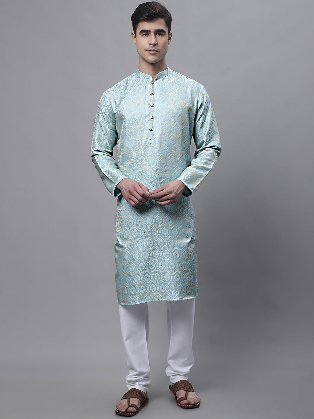 Jompers Men's Ethnic Sky Blue Woven Design Kurta with Pyjamas