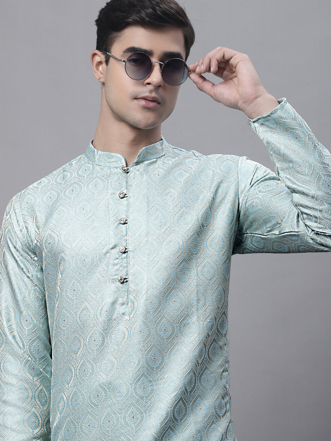 Jompers Men's Ethnic Sky Blue Woven Design Kurta with Pyjamas