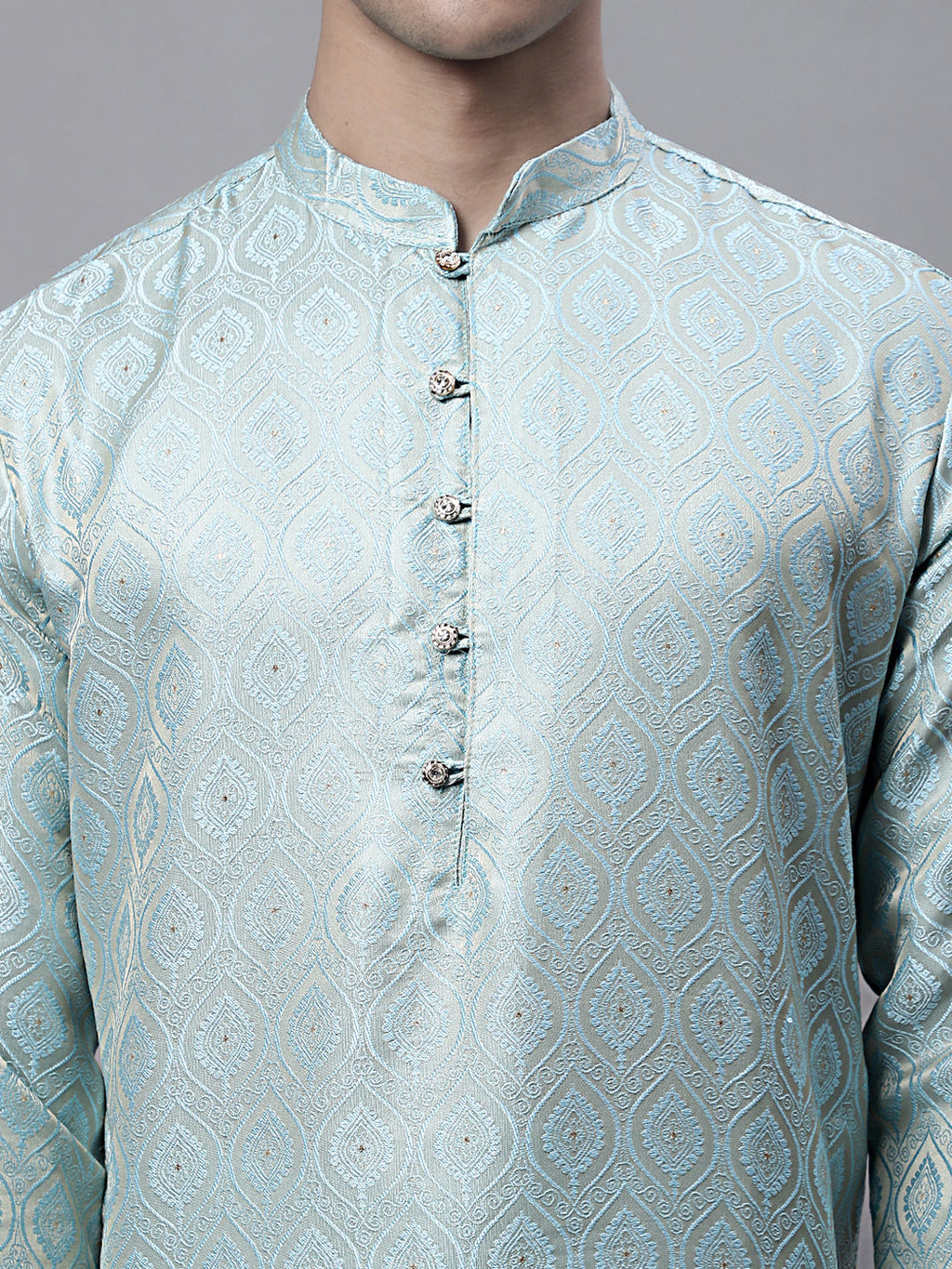 Jompers Men's Ethnic Sky Blue Woven Design Kurta with Pyjamas