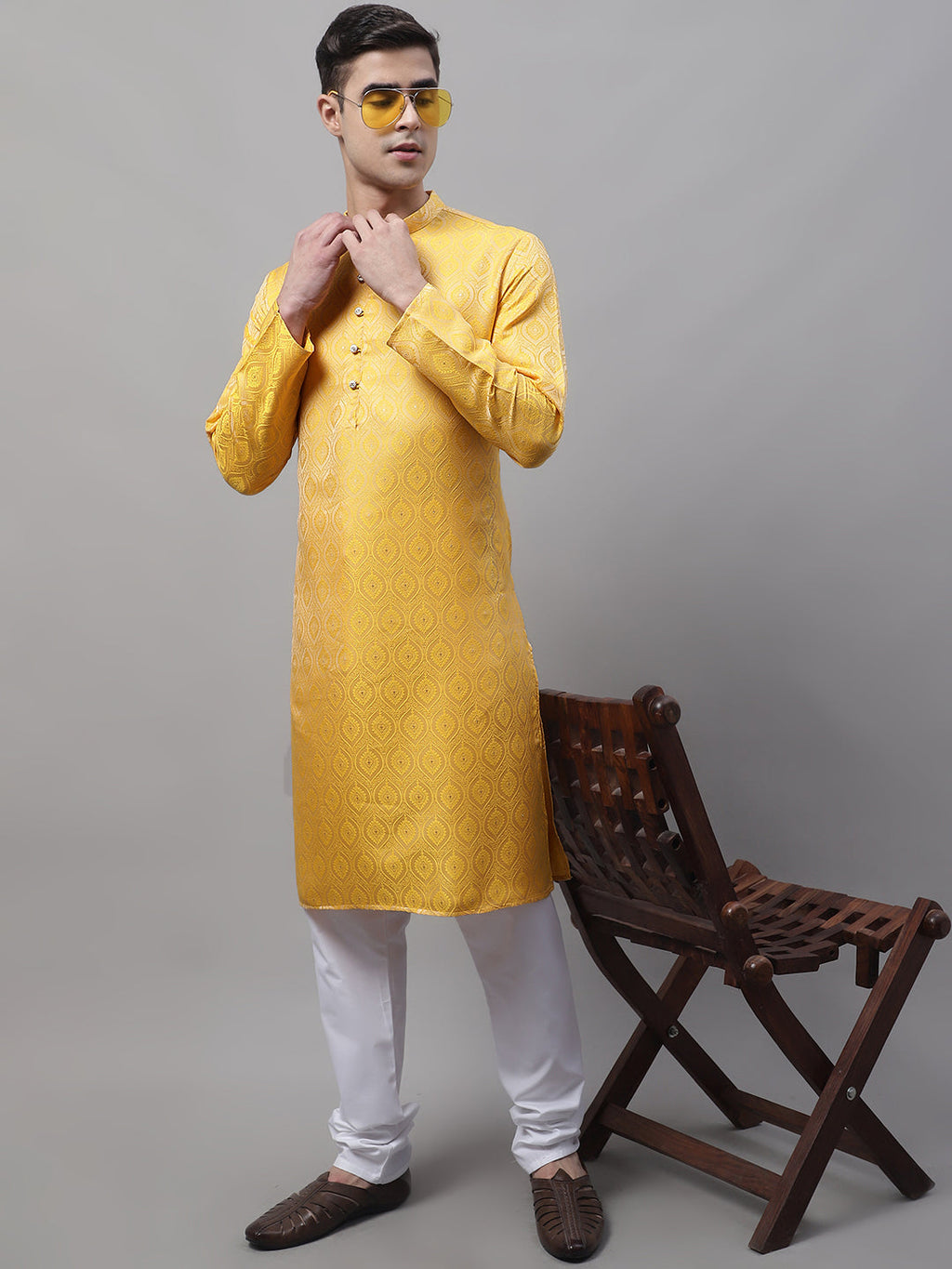 Jompers Men's Ethnic Yellow Woven Design Kurta with Pyjamas