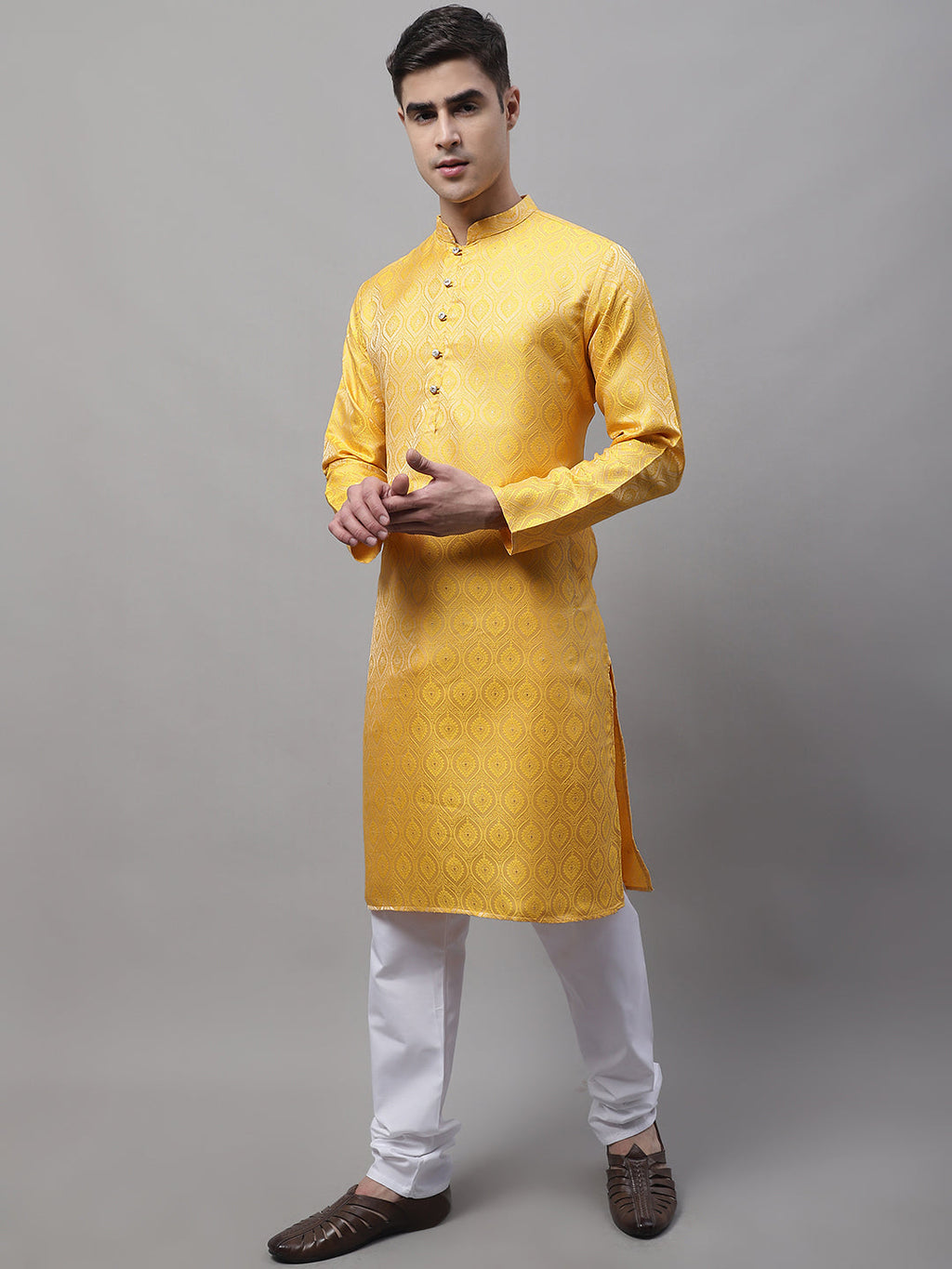 Jompers Men's Ethnic Yellow Woven Design Kurta with Pyjamas