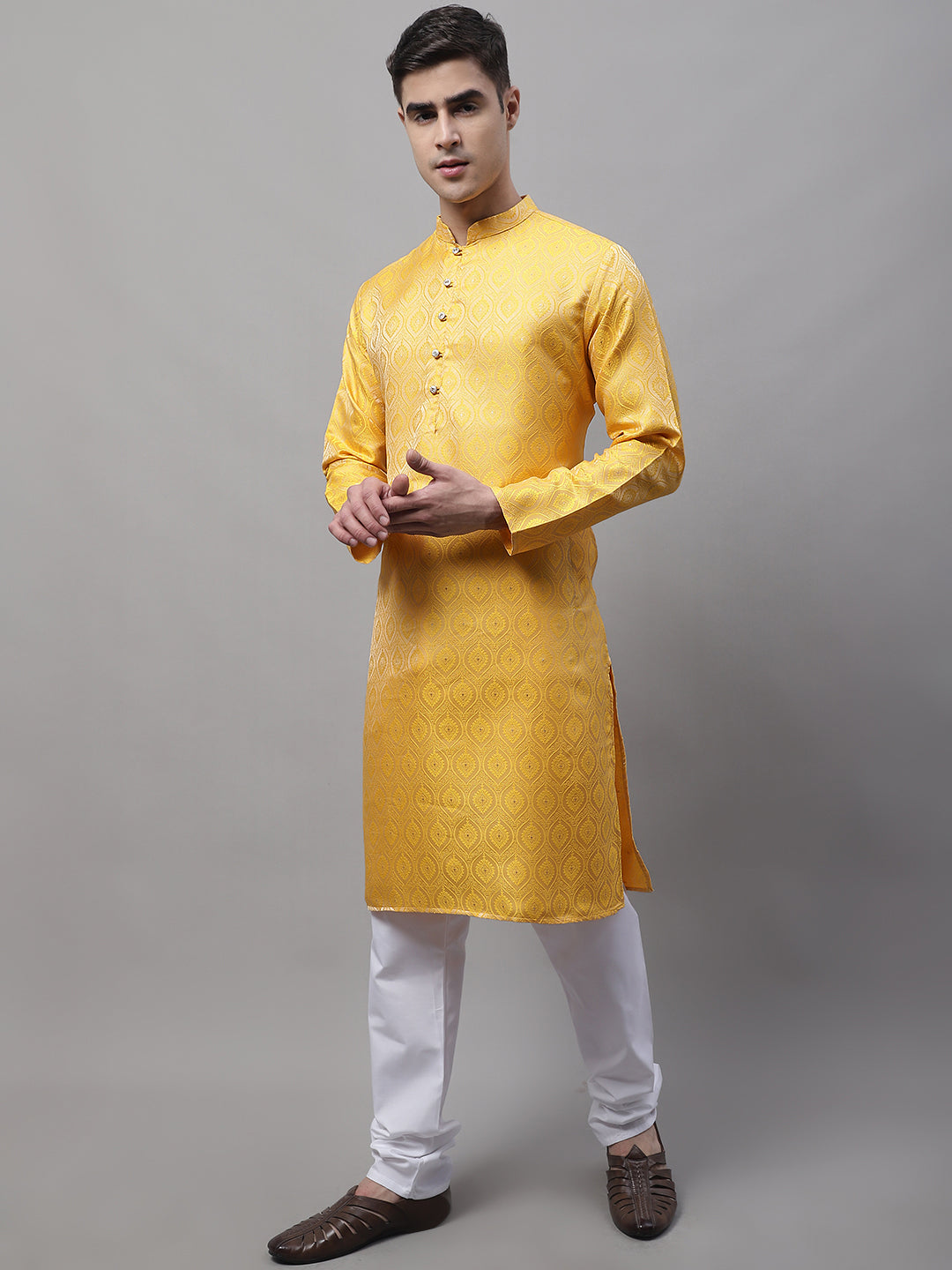 Jompers Men's Ethnic Yellow Woven Design Kurta with Pyjamas