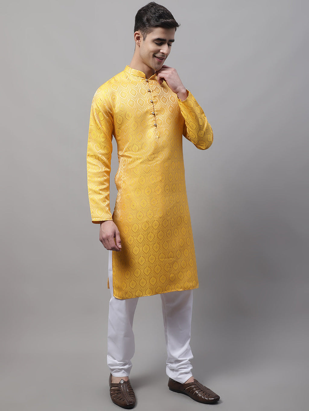 Jompers Men's Ethnic Yellow Woven Design Kurta with Pyjamas