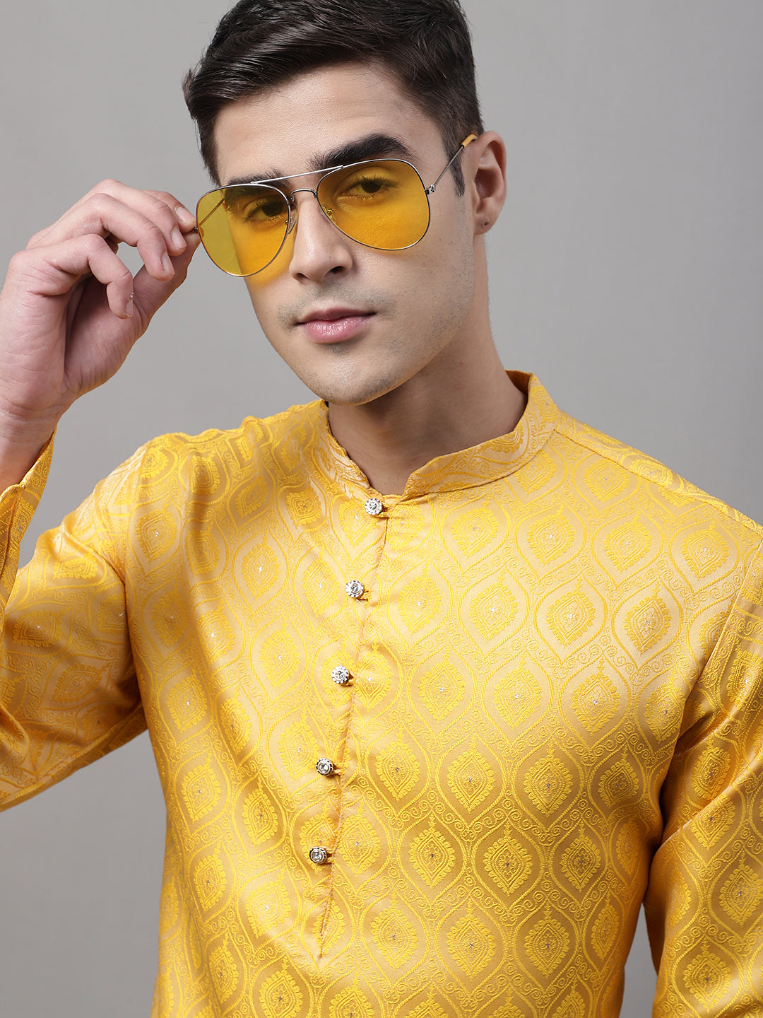 Jompers Men's Ethnic Yellow Woven Design Kurta with Pyjamas