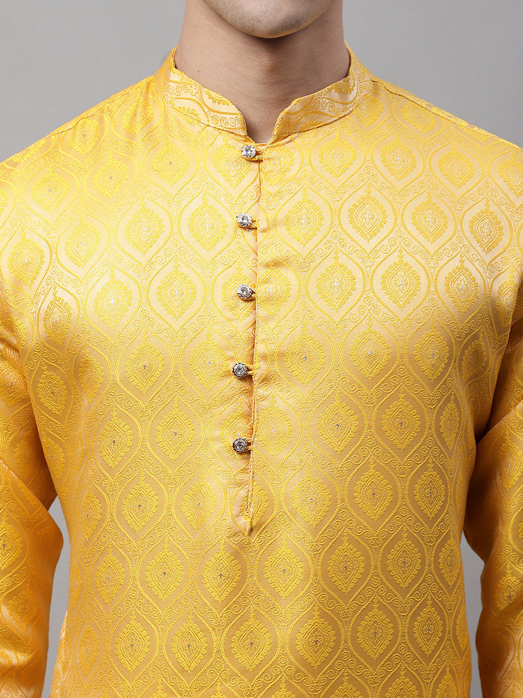 Jompers Men's Ethnic Yellow Woven Design Kurta with Pyjamas