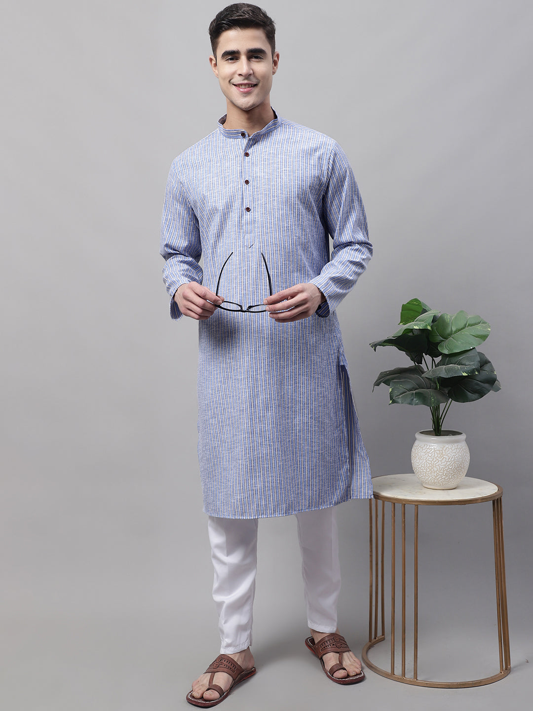Jompers Men's Blue and White Striped Kurta with Pyjama
