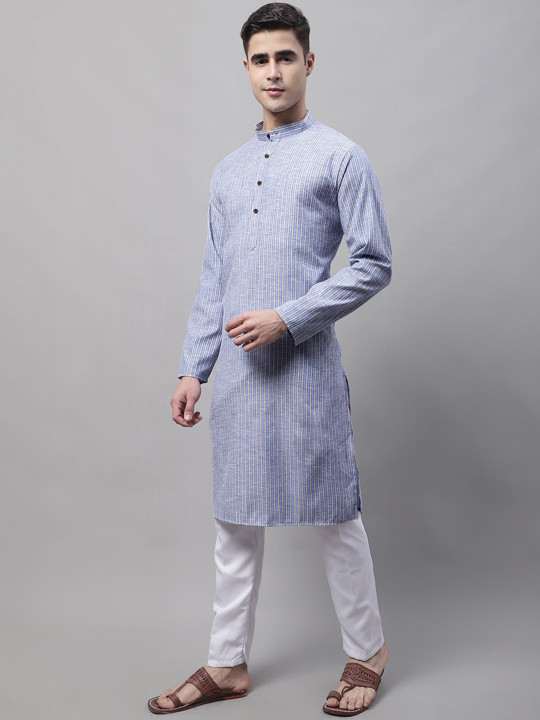 Jompers Men's Blue and White Striped Kurta with Pyjama