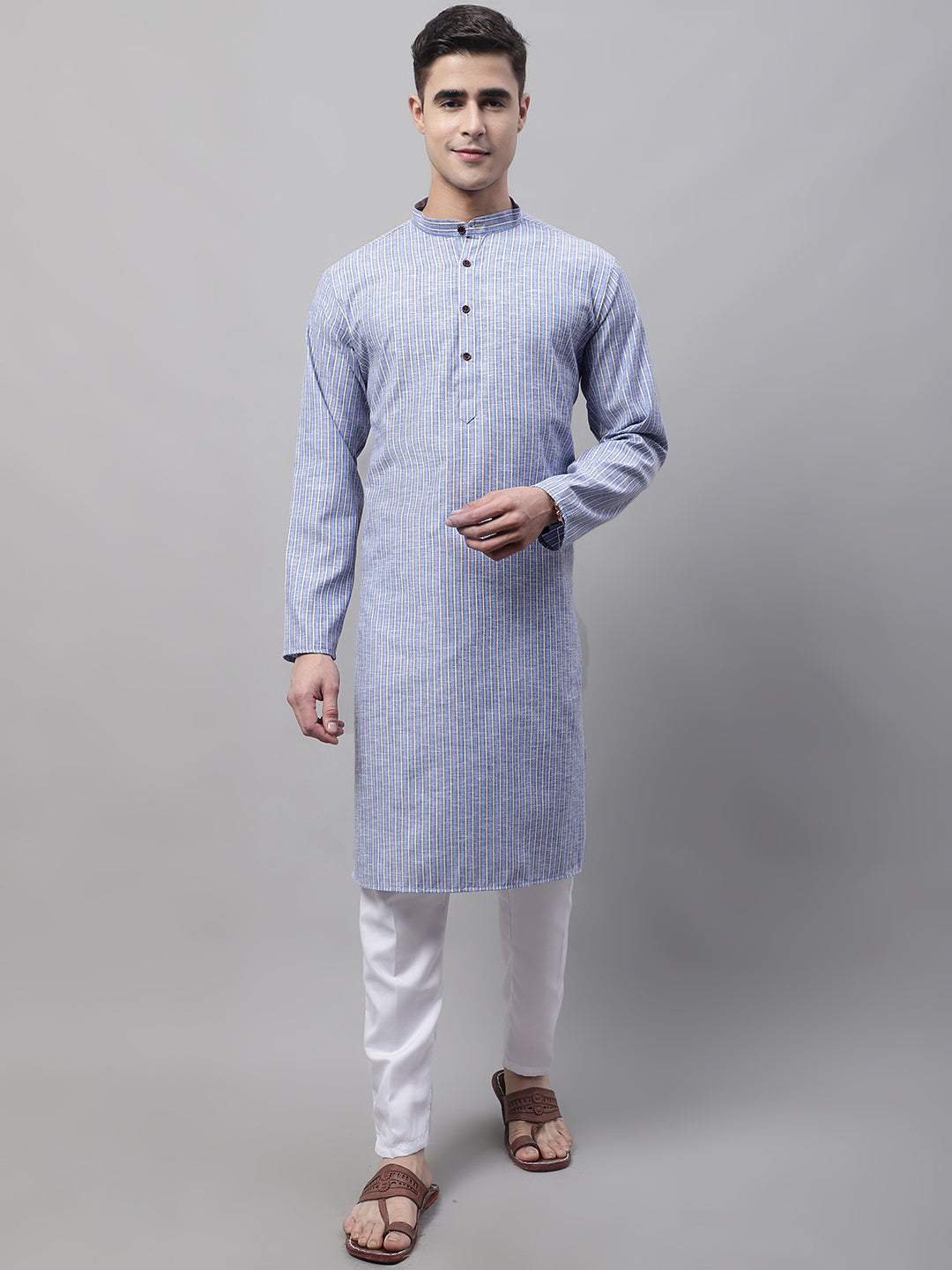 Jompers Men's Blue and White Striped Kurta with Pyjama