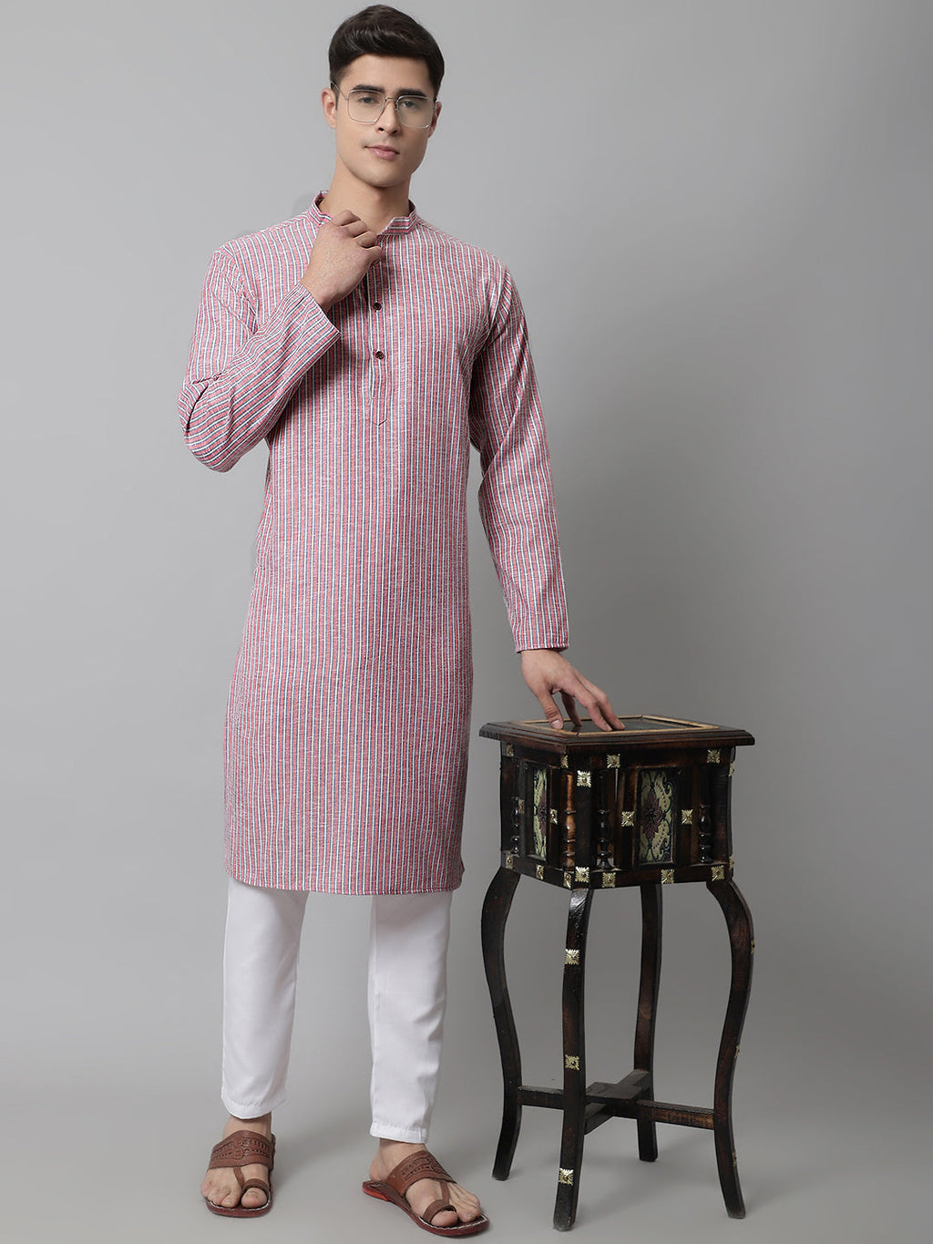 Jompers Men's Coral Red Striped Kurta with Pyjama