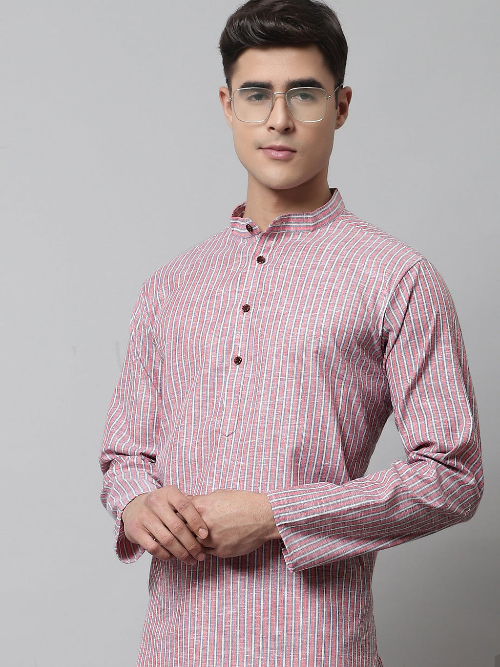 Jompers Men's Coral Red Striped Kurta with Pyjama