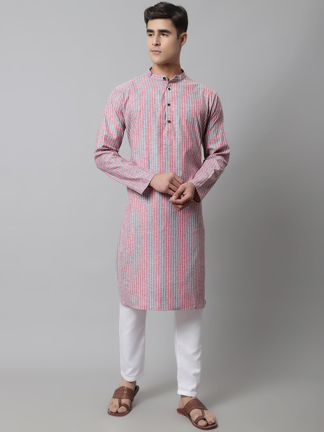 Jompers Men's Coral Red Striped Kurta with Pyjama