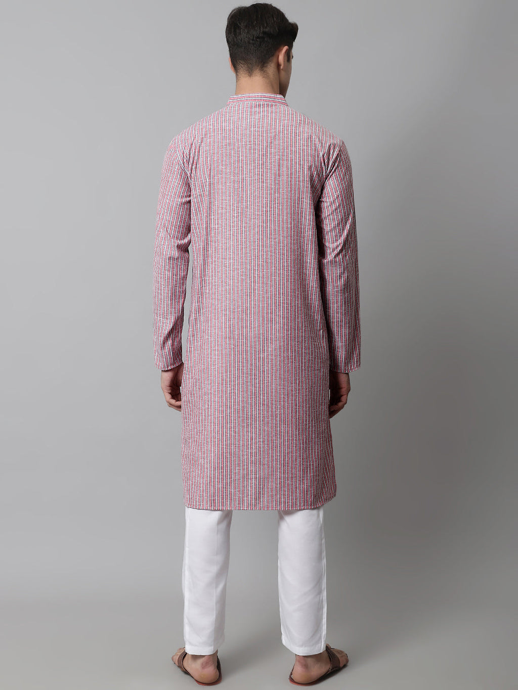 Jompers Men's Coral Red Striped Kurta with Pyjama