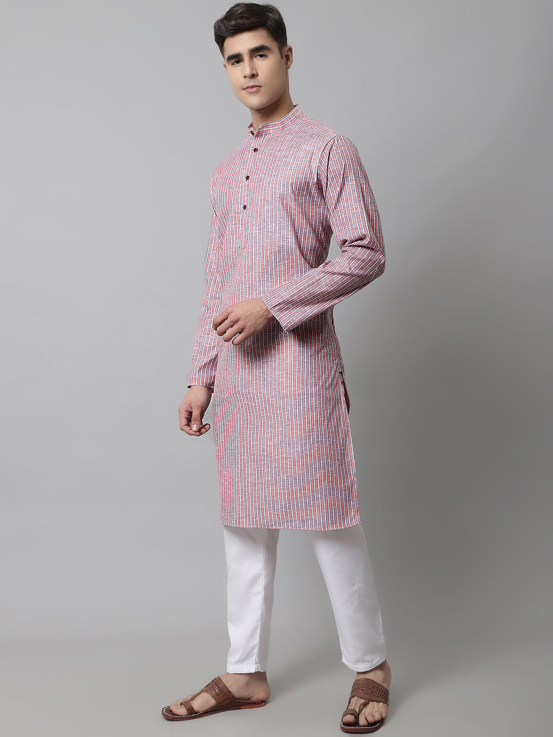 Jompers Men's Coral Red Striped Kurta with Pyjama