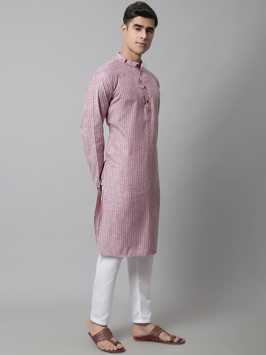 Jompers Men's Coral Red Striped Kurta with Pyjama