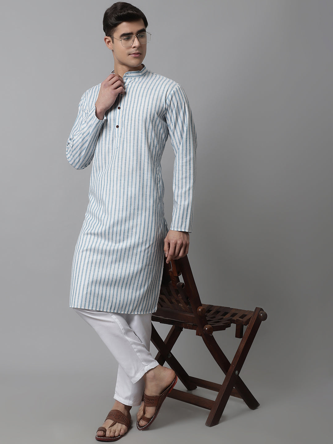 Jompers Men's Sky Blue and White Striped Kurta with Pyjama