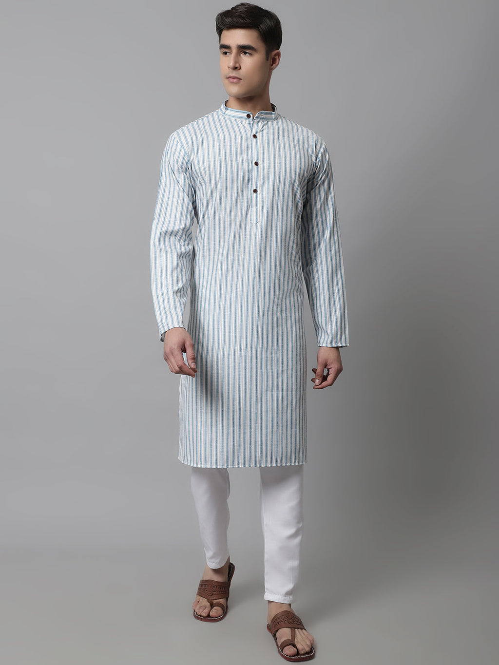 Jompers Men's Sky Blue and White Striped Kurta with Pyjama