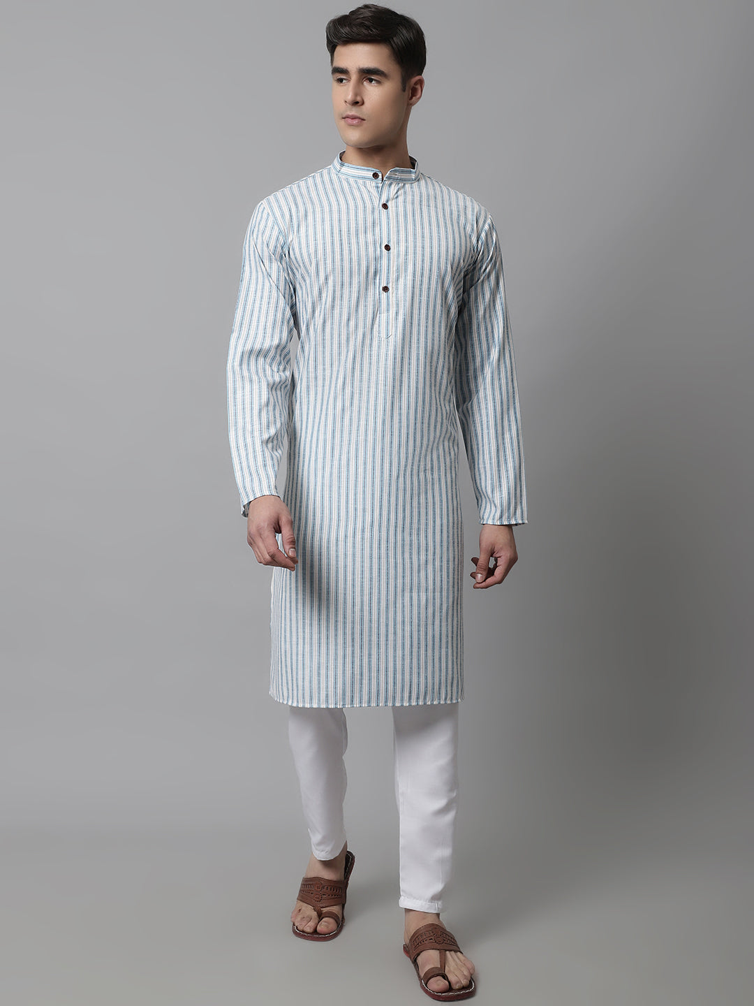 Jompers Men's Sky Blue and White Striped Kurta with Pyjama