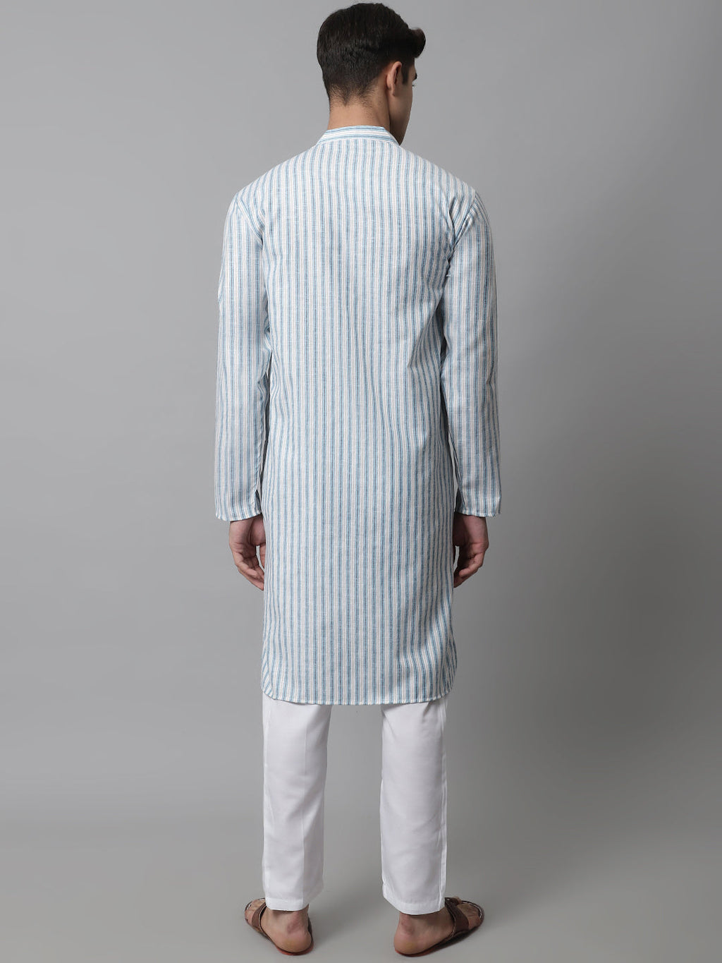 Jompers Men's Sky Blue and White Striped Kurta with Pyjama