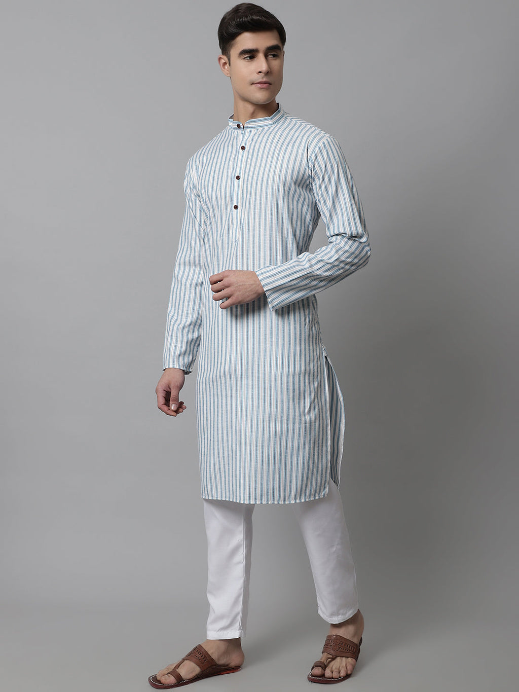 Jompers Men's Sky Blue and White Striped Kurta with Pyjama