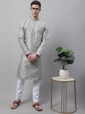 Jompers Men's Grey Printed Silk Blend Kurta Payjama