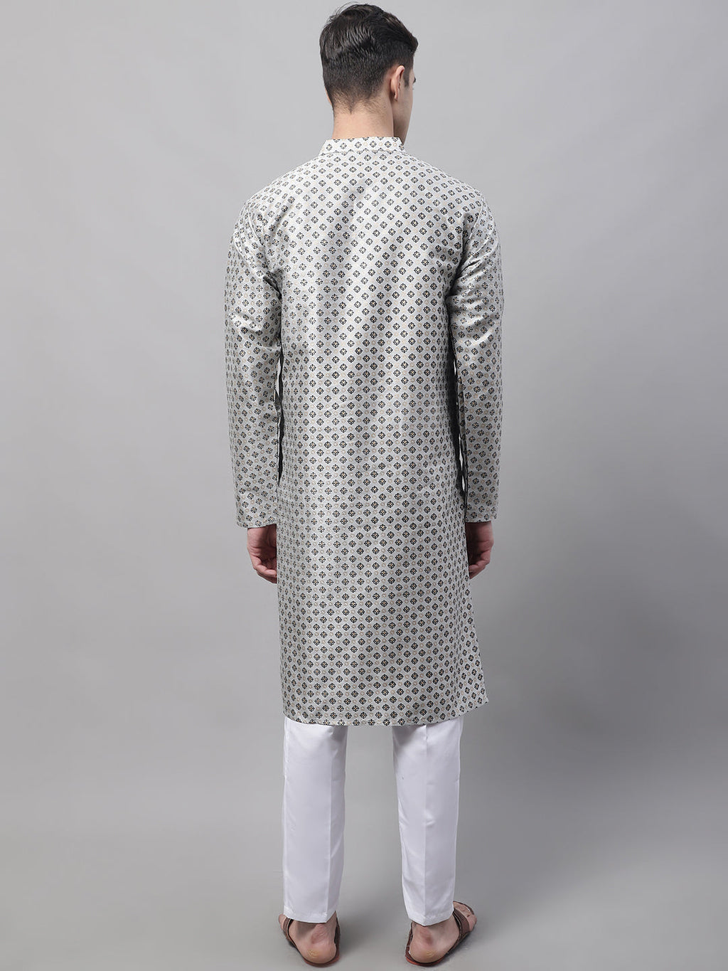 Jompers Men's Grey Printed Silk Blend Kurta Payjama