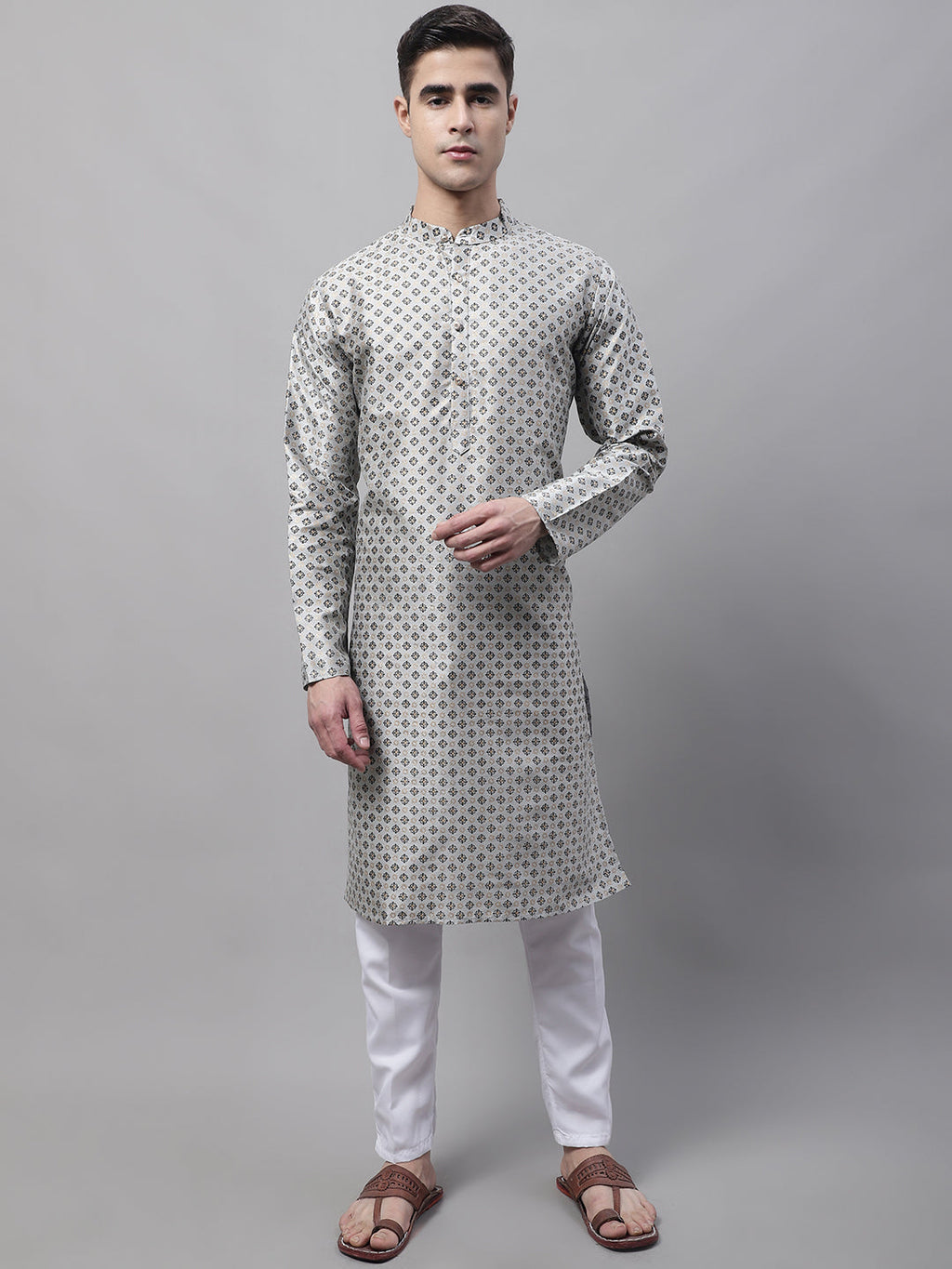 Jompers Men's Grey Printed Silk Blend Kurta Payjama