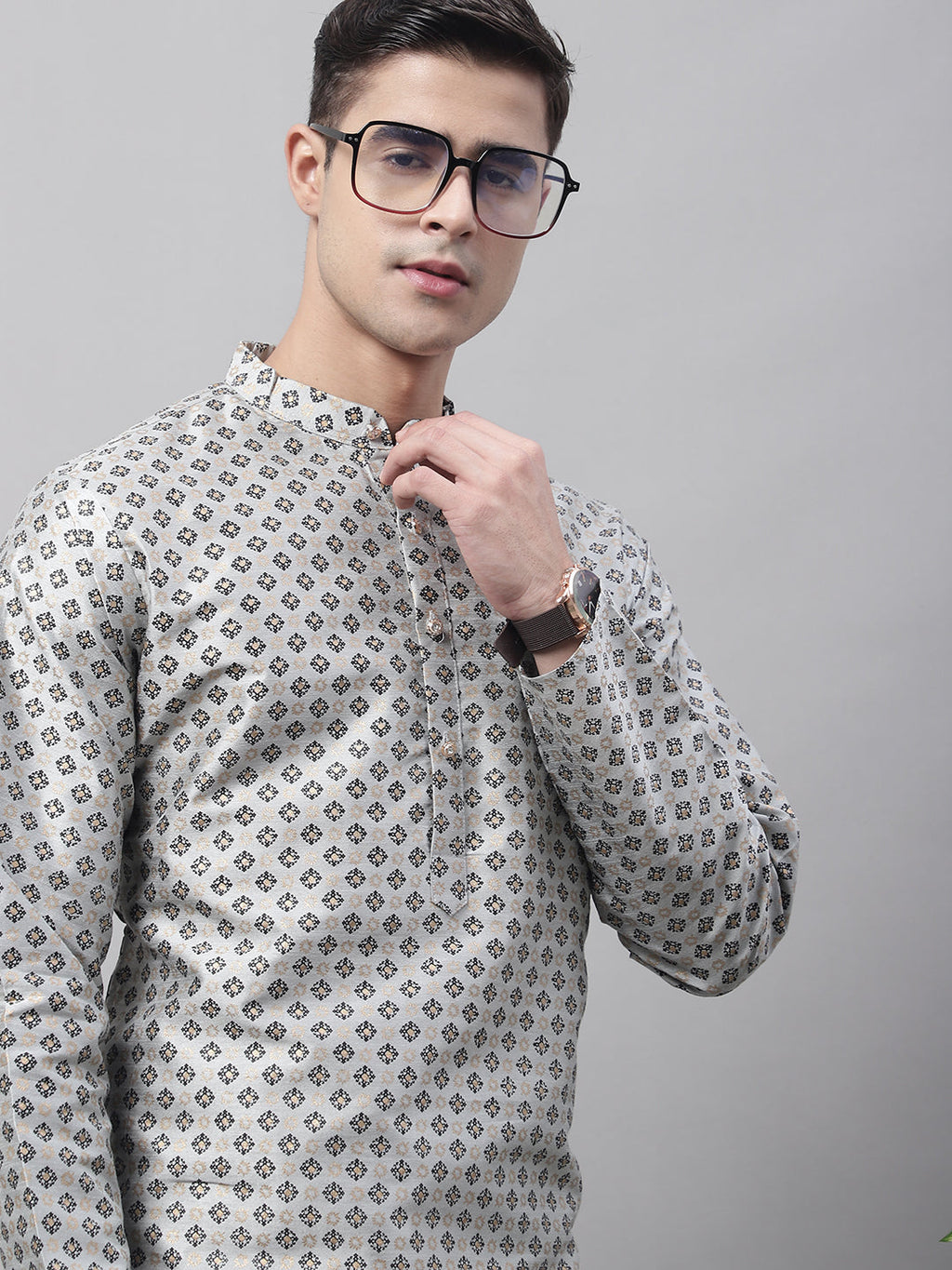 Jompers Men's Grey Printed Silk Blend Kurta Payjama
