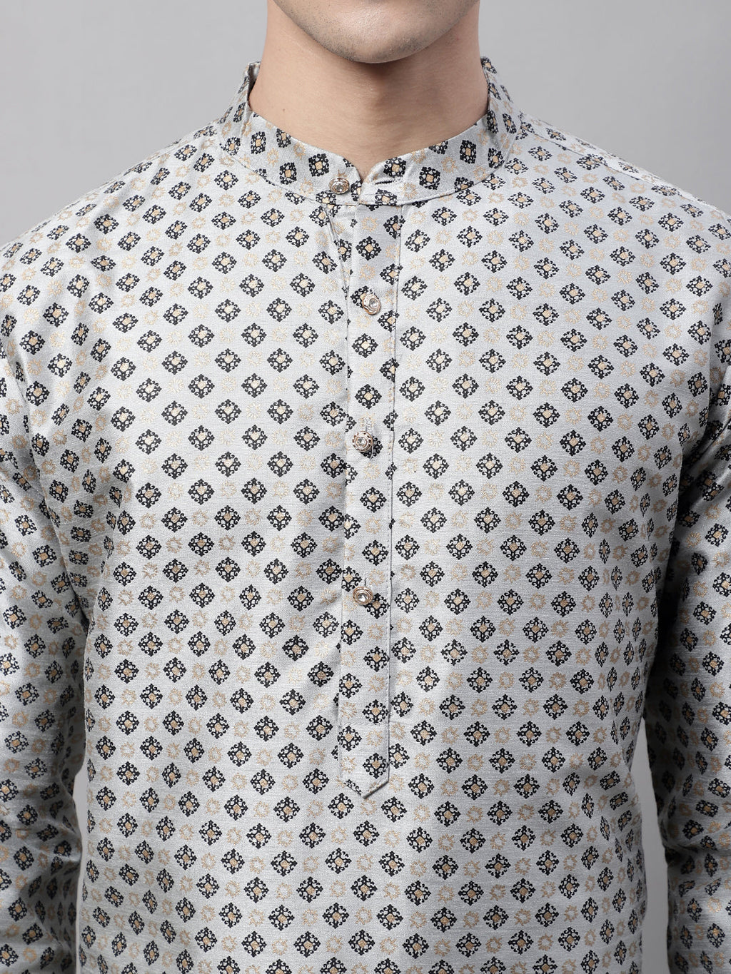 Jompers Men's Grey Printed Silk Blend Kurta Payjama