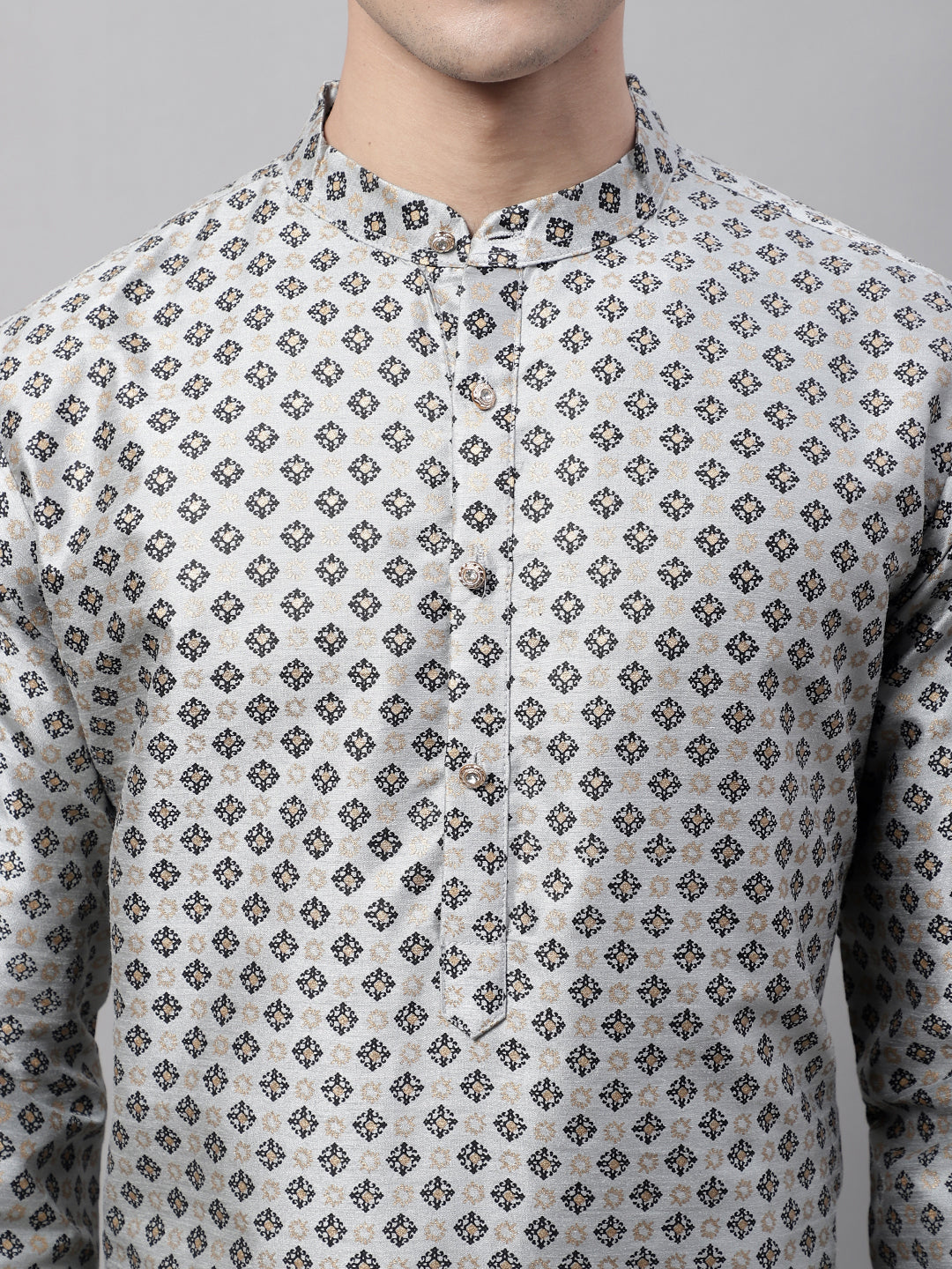 Jompers Men's Grey Printed Silk Blend Kurta Payjama