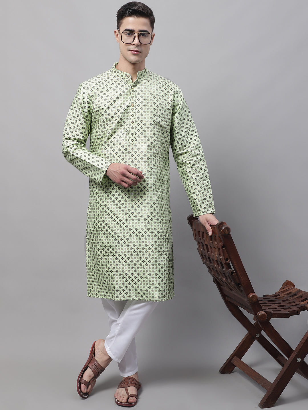 Jompers Men's Pista Green Printed Silk Blend Kurta Payjama