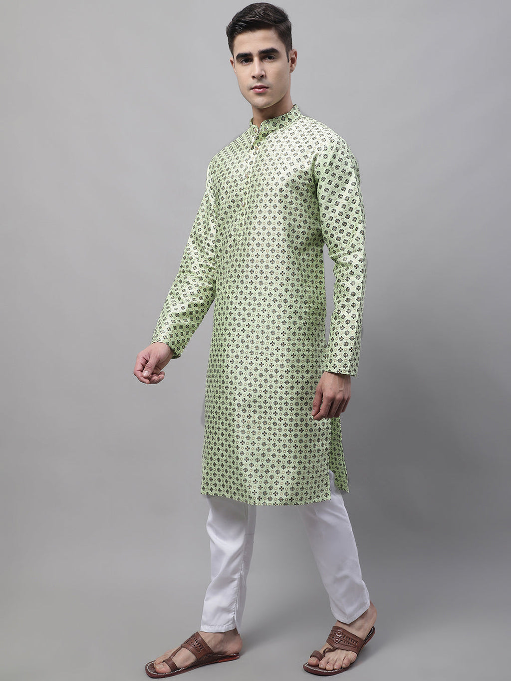 Jompers Men's Pista Green Printed Silk Blend Kurta Payjama