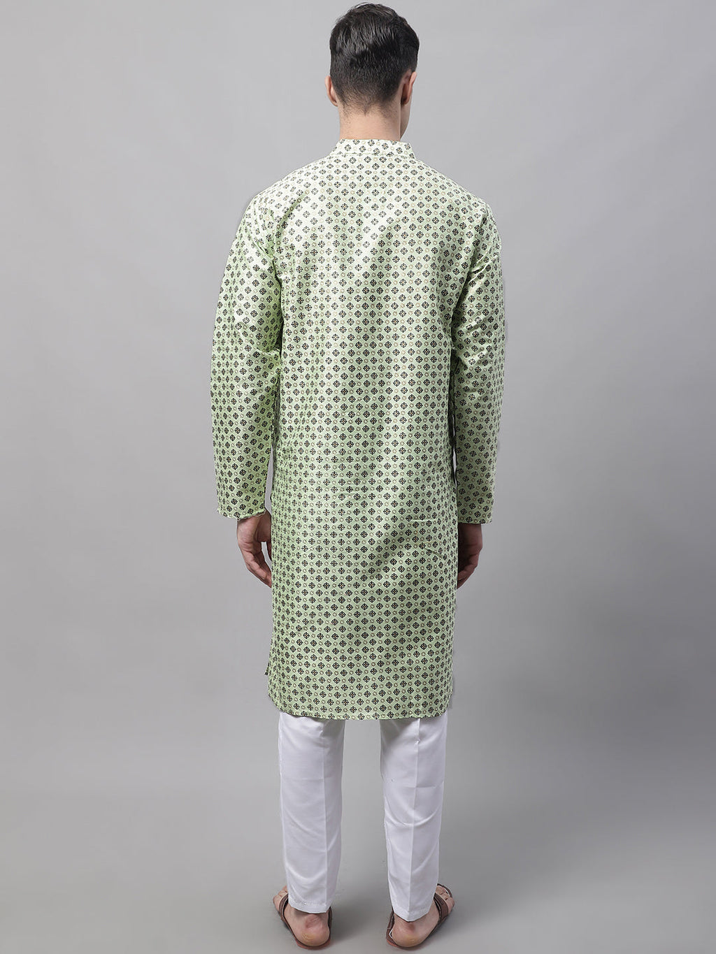 Jompers Men's Pista Green Printed Silk Blend Kurta Payjama