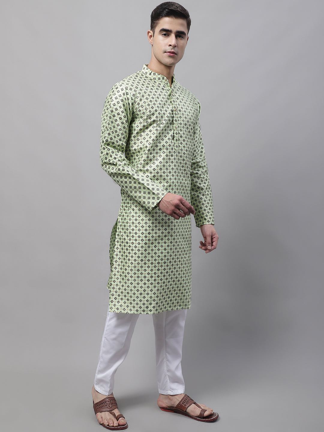 Jompers Men's Pista Green Printed Silk Blend Kurta Payjama