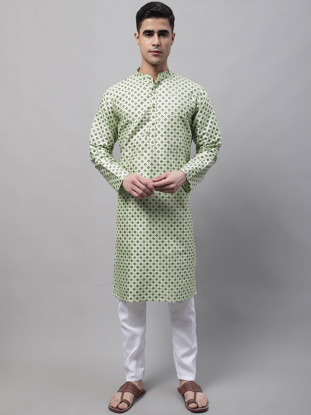 Jompers Men's Pista Green Printed Silk Blend Kurta Payjama