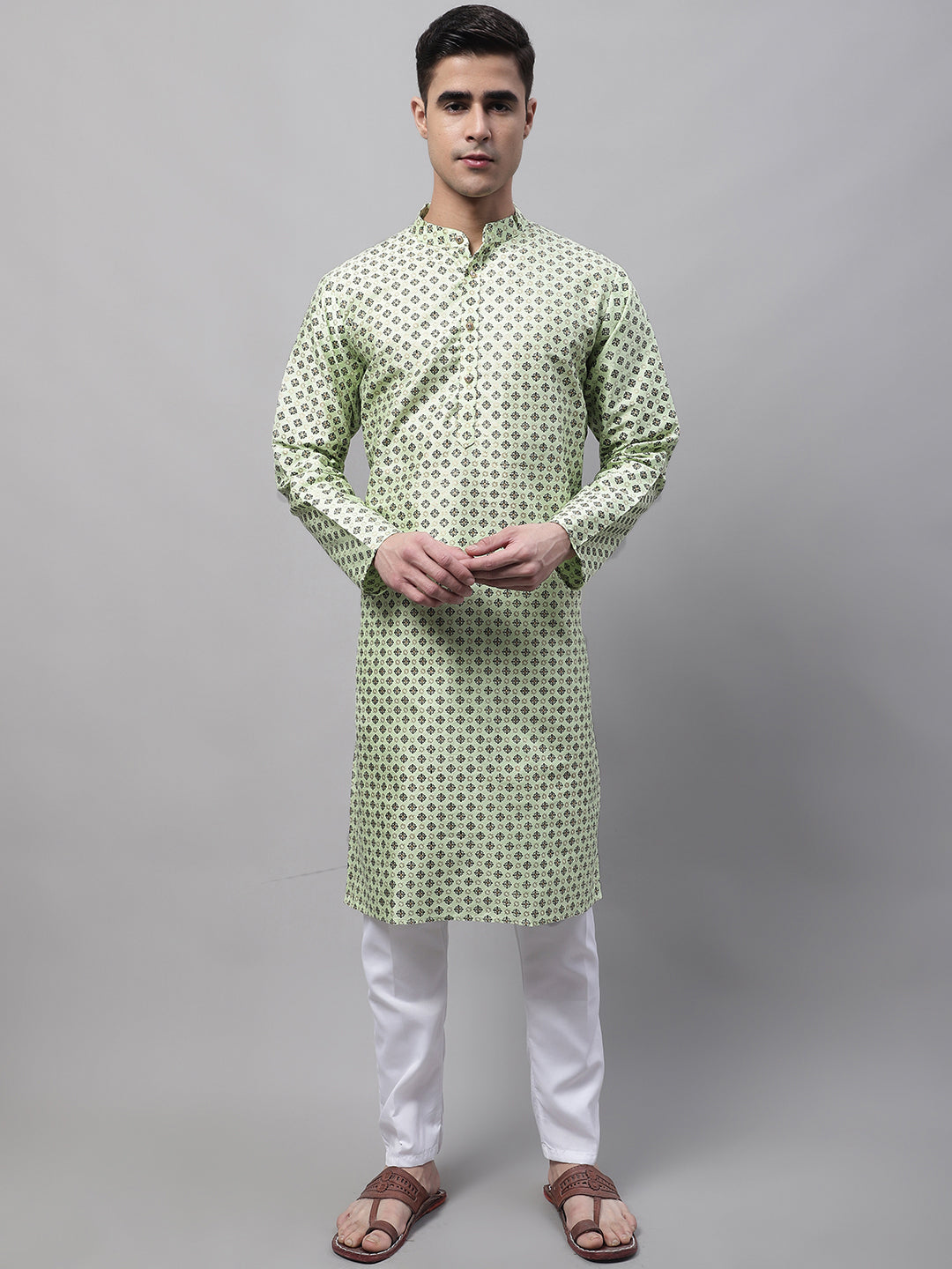 Jompers Men's Pista Green Printed Silk Blend Kurta Payjama