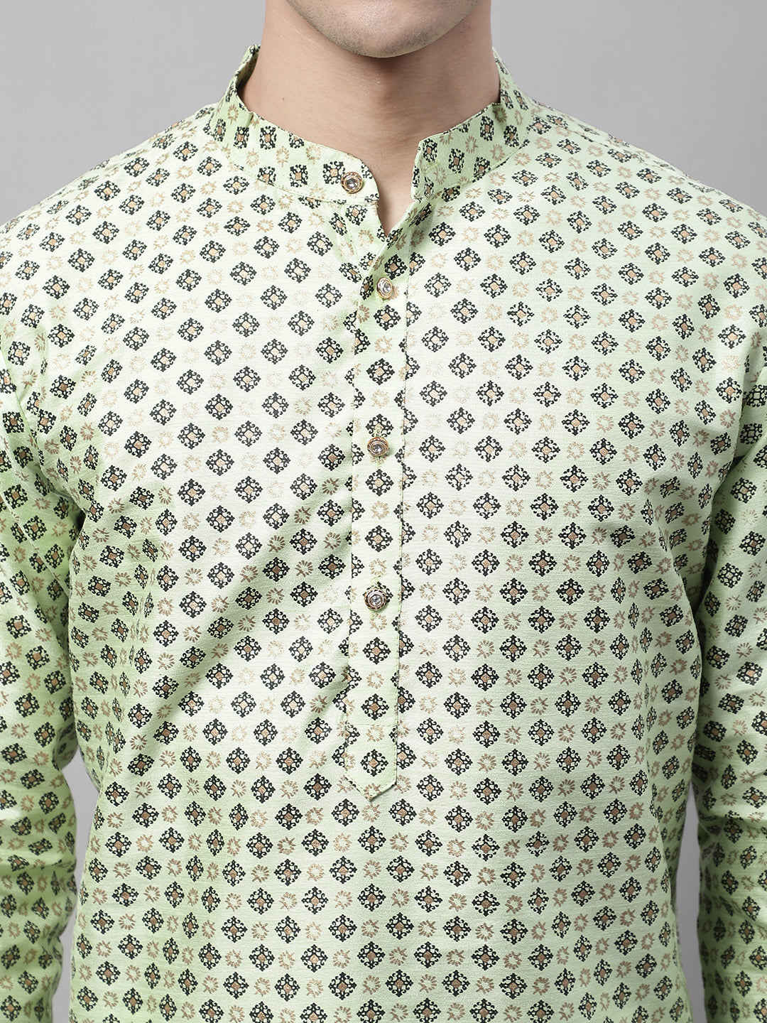 Jompers Men's Pista Green Printed Silk Blend Kurta Payjama