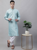 Jompers Men's Sky Blue Printed Silk Blend Kurta Payjama