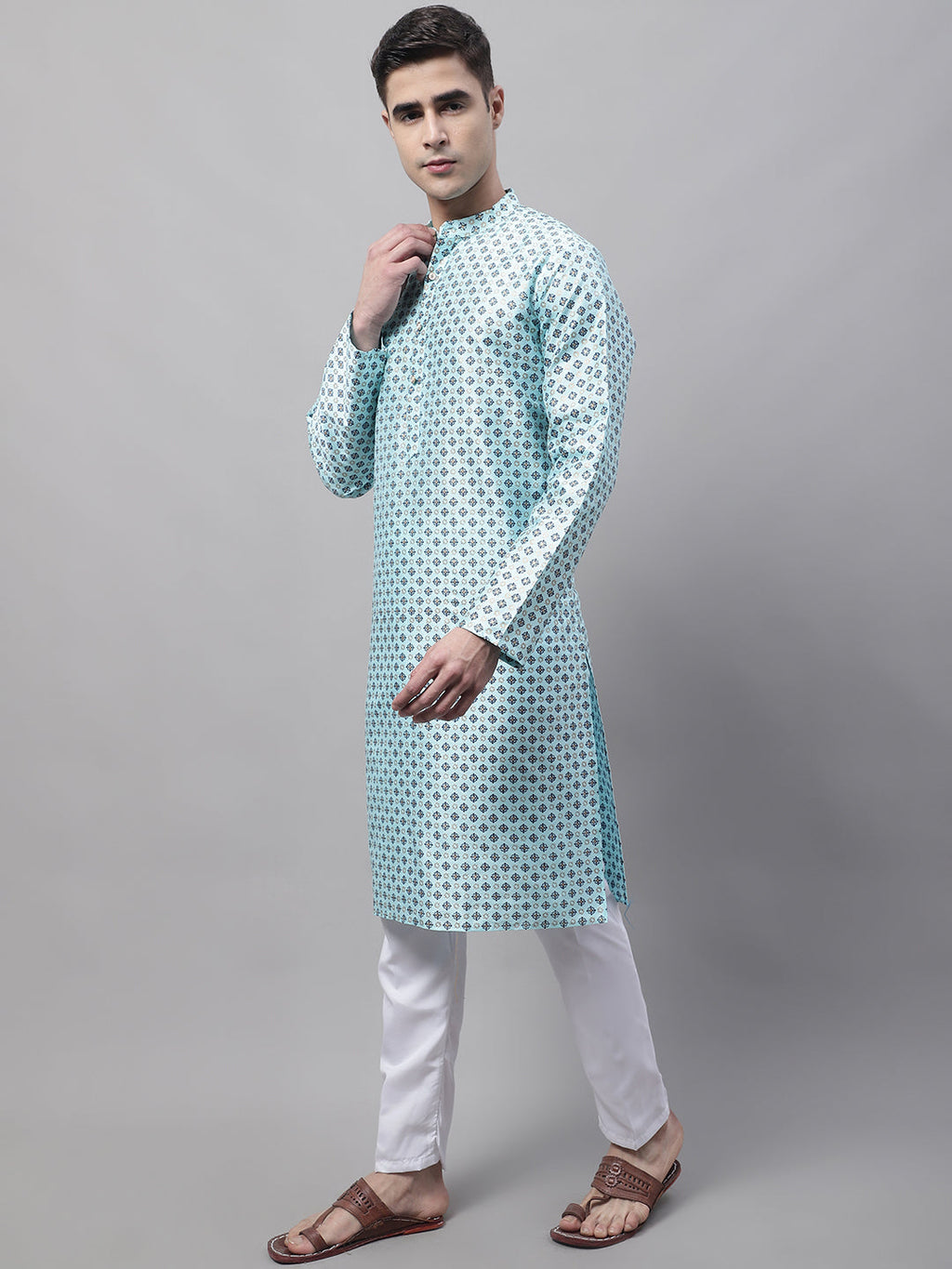 Jompers Men's Sky Blue Printed Silk Blend Kurta Payjama