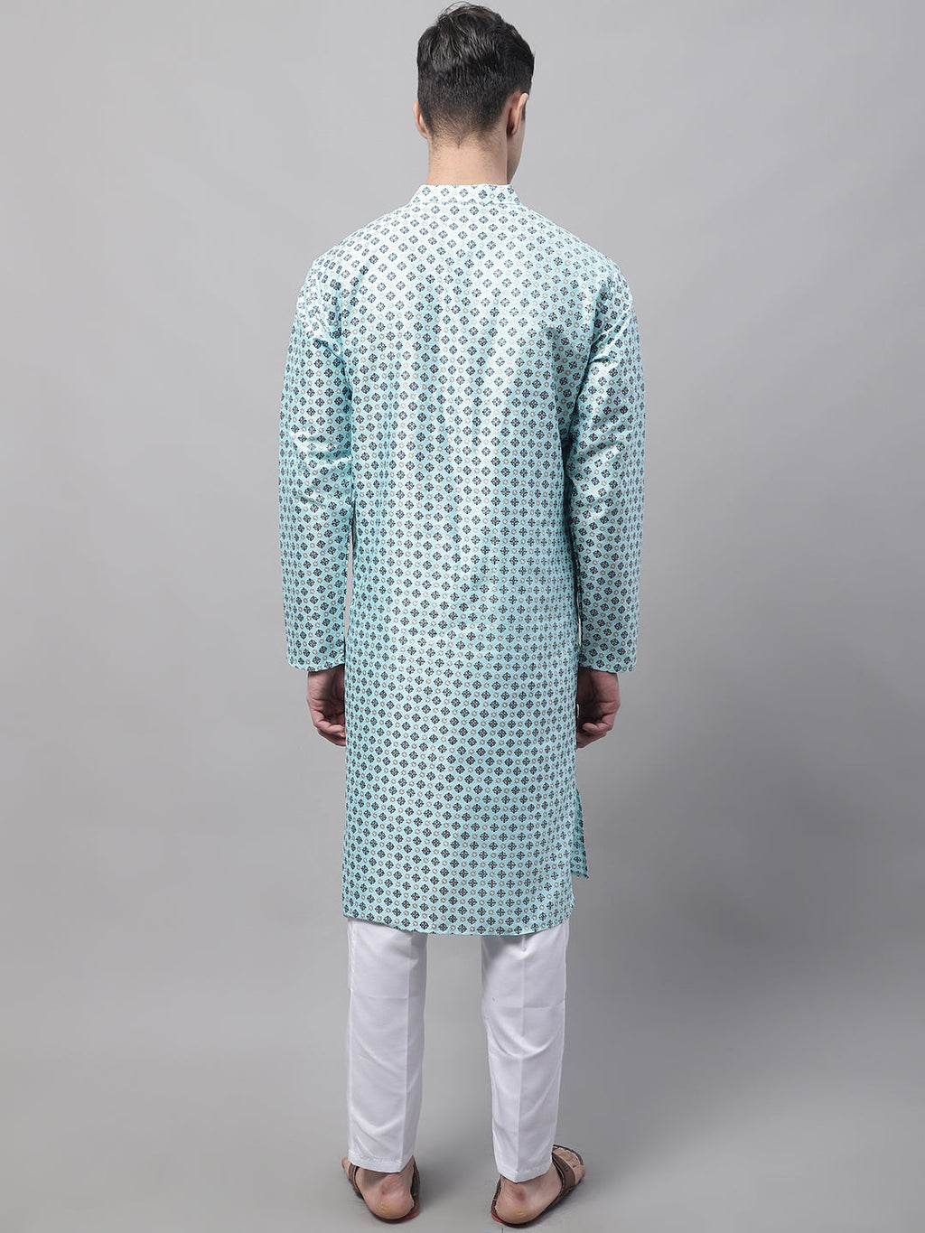 Jompers Men's Sky Blue Printed Silk Blend Kurta Payjama