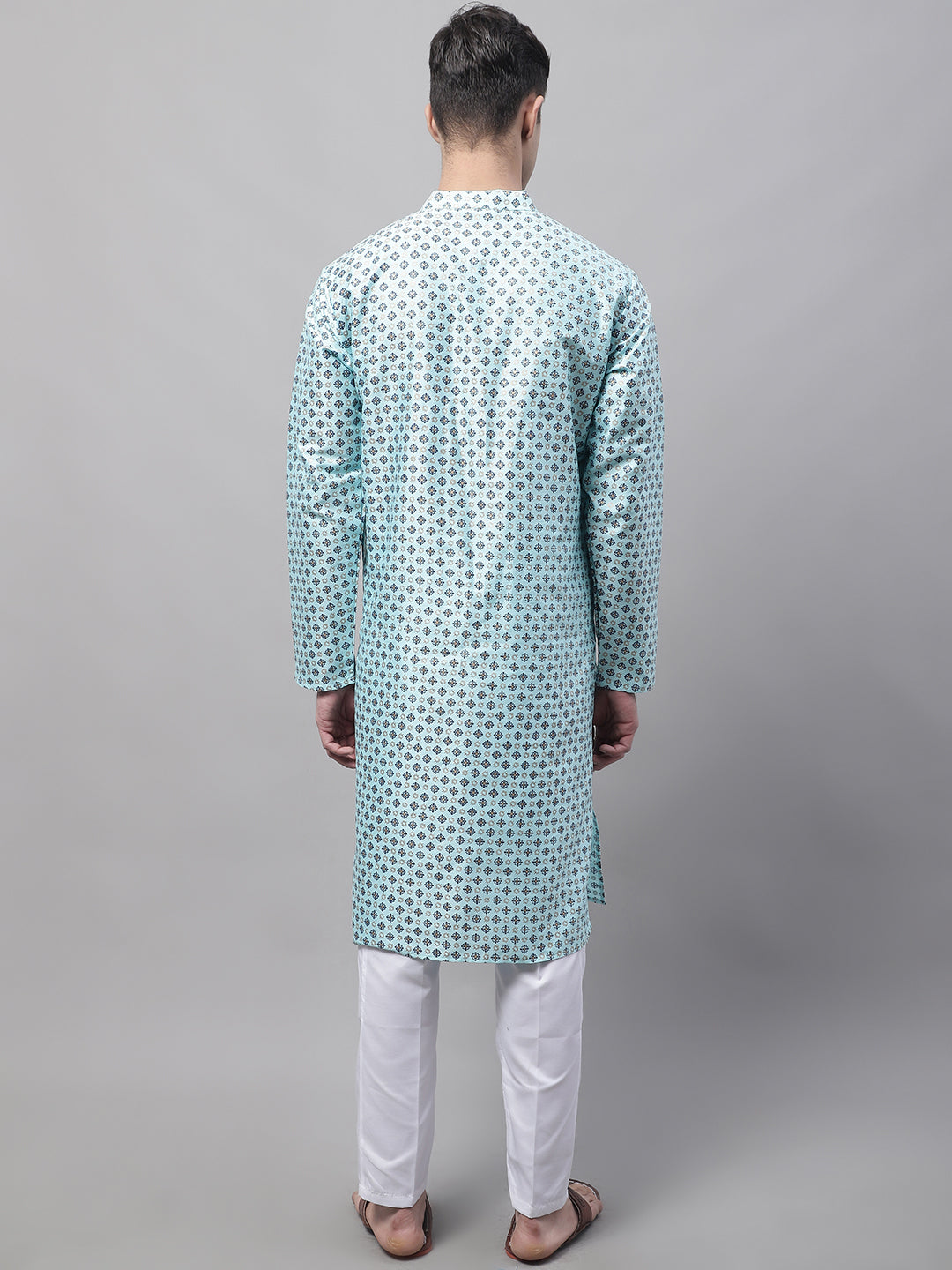 Jompers Men's Sky Blue Printed Silk Blend Kurta Payjama