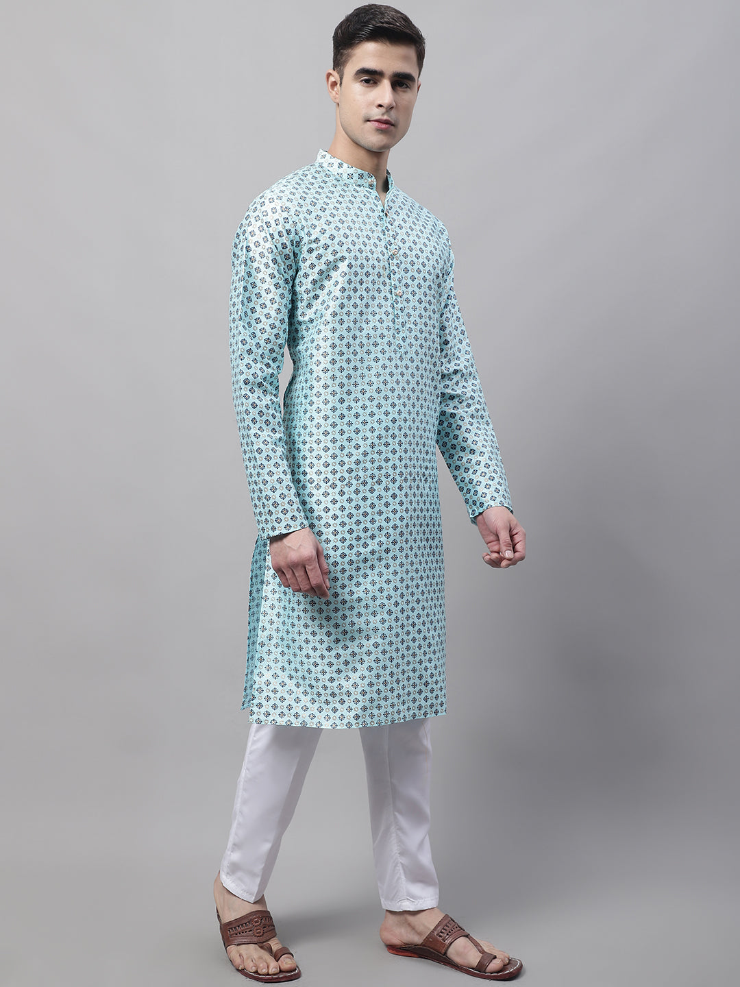 Jompers Men's Sky Blue Printed Silk Blend Kurta Payjama