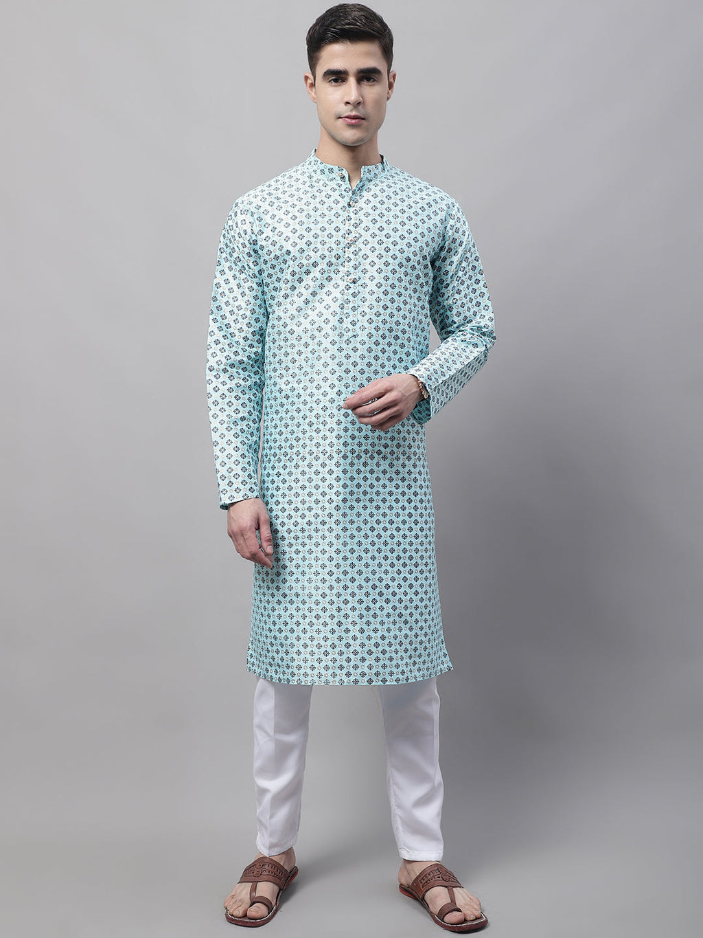 Jompers Men's Sky Blue Printed Silk Blend Kurta Payjama