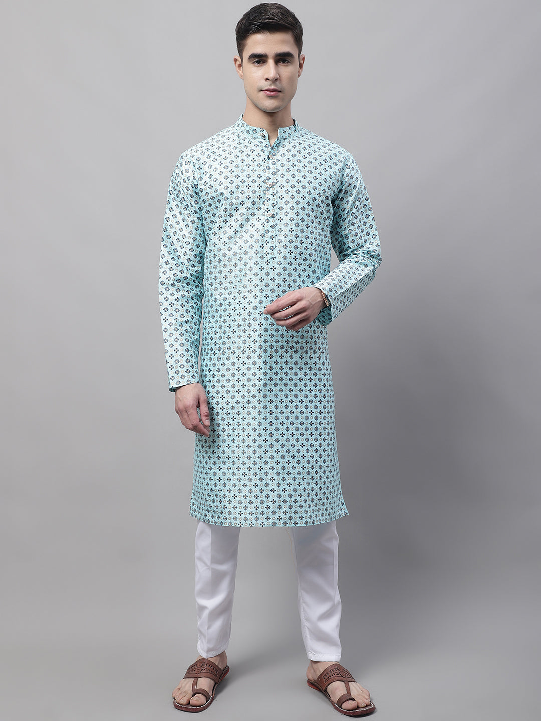 Jompers Men's Sky Blue Printed Silk Blend Kurta Payjama