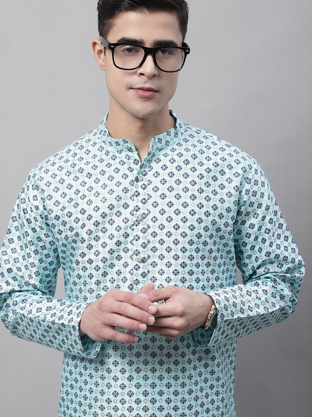 Jompers Men's Sky Blue Printed Silk Blend Kurta Payjama