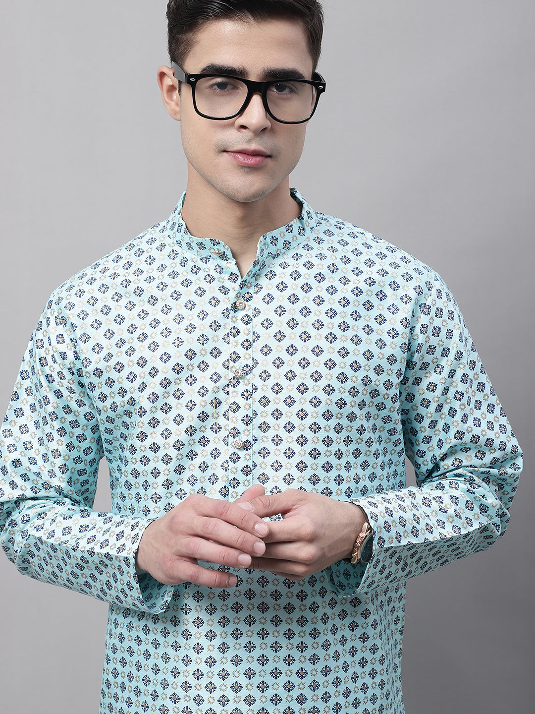 Jompers Men's Sky Blue Printed Silk Blend Kurta Payjama