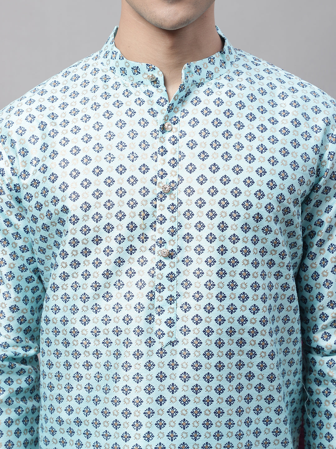 Jompers Men's Sky Blue Printed Silk Blend Kurta Payjama