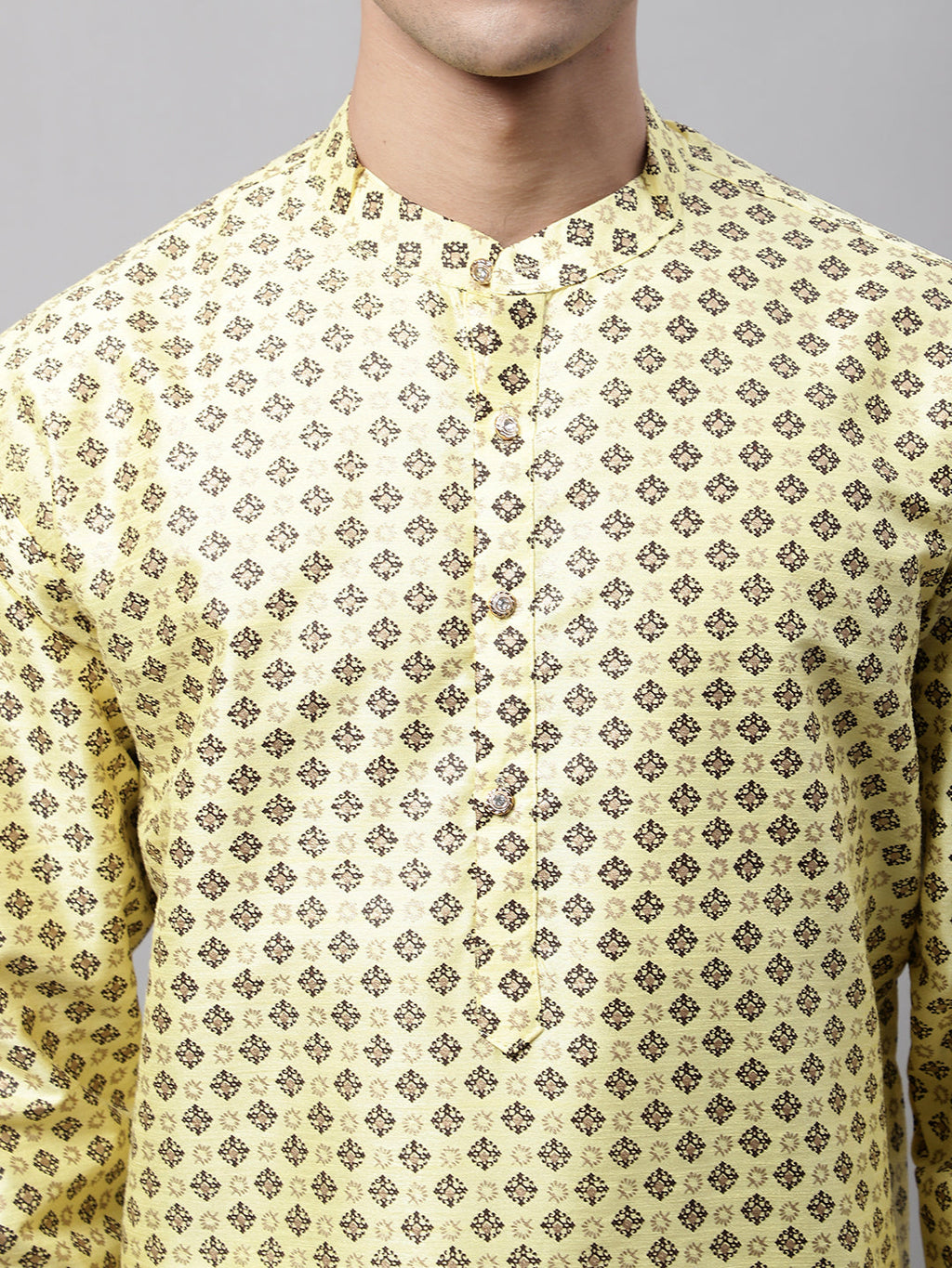 Jompers Men's Yellow Printed Silk Blend Kurta Payjama