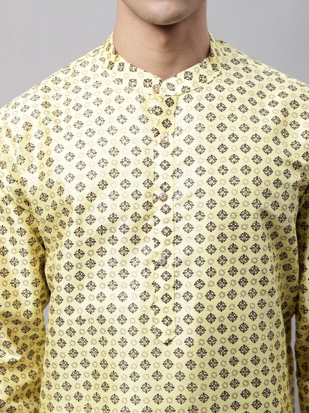 Jompers Men's Yellow Printed Silk Blend Kurta Payjama