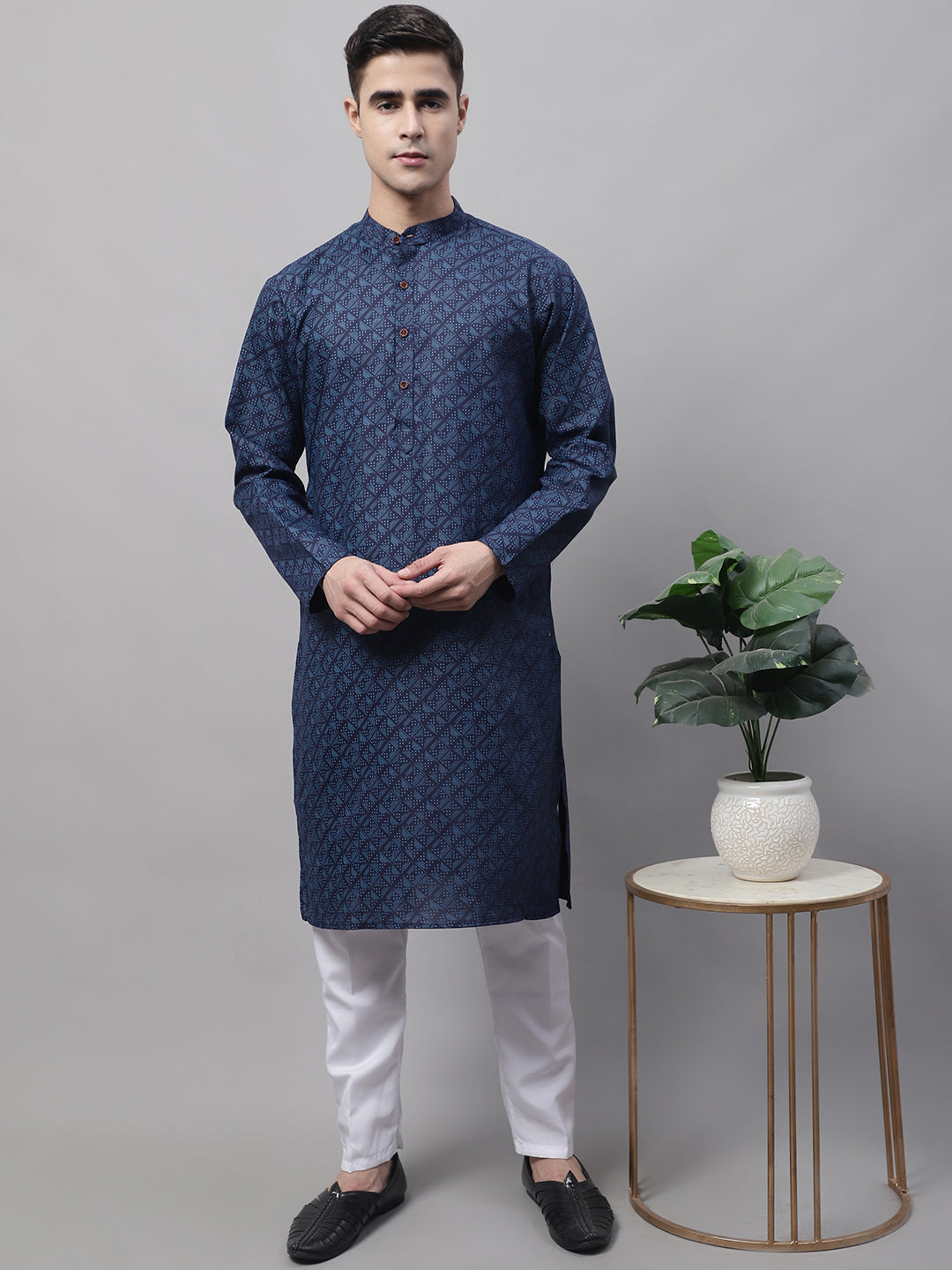 Jompers Men's Navy Blue Printed Pure Cotton Kurta Payjama Set