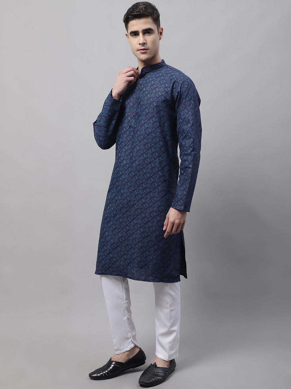 Jompers Men's Navy Blue Printed Pure Cotton Kurta Payjama Set